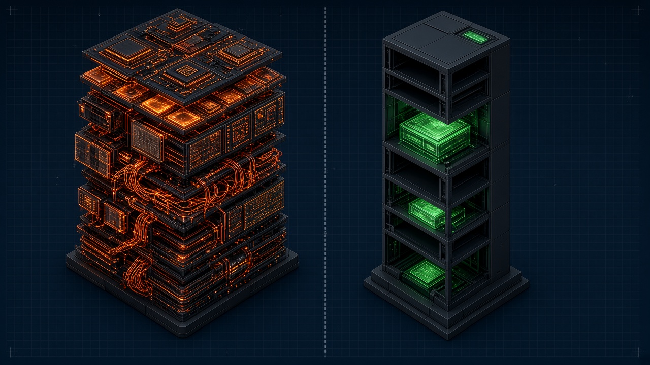 Diagram comparing bloated listen-server build versus stripped Linux Fish-Net dedicated server