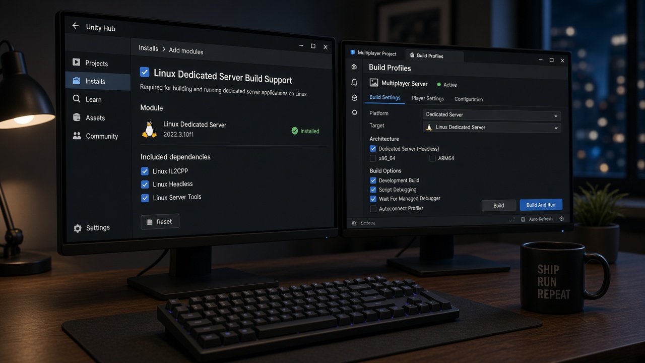Unity Hub Linux Dedicated Server Build Support module selected for a Fish-Net project