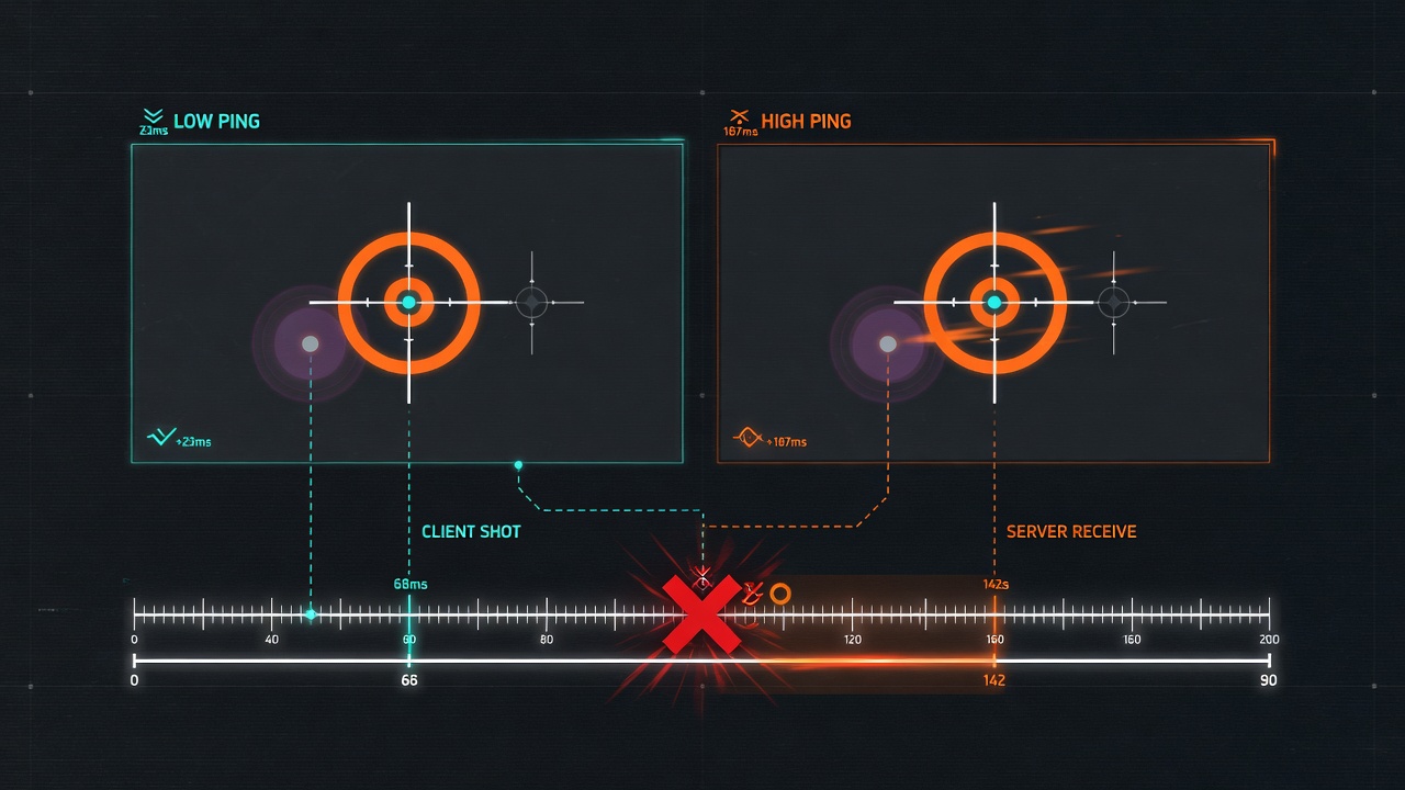 Diagram of lag compensation failure: two Unity clients at different latency disagree on a multiplayer hit without collider rollback