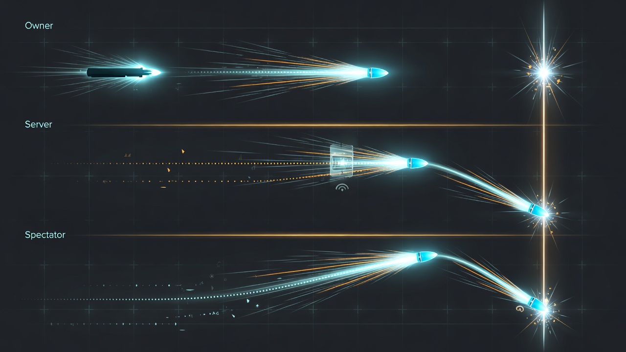 Accelerated projectile lag compensation timeline showing owner, server, and spectator paths converging on one impact in Fish-Networking