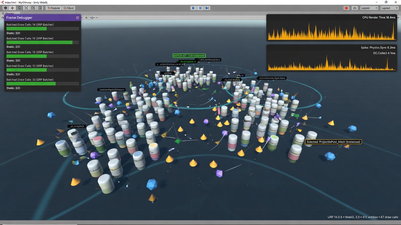 URP WebGL performance view of an entity-dense Unity IO arena with pooled projectiles and batching costs
