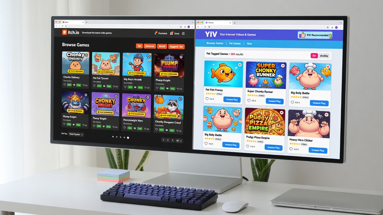 itch.io and YIV platforms listing free fat browser games