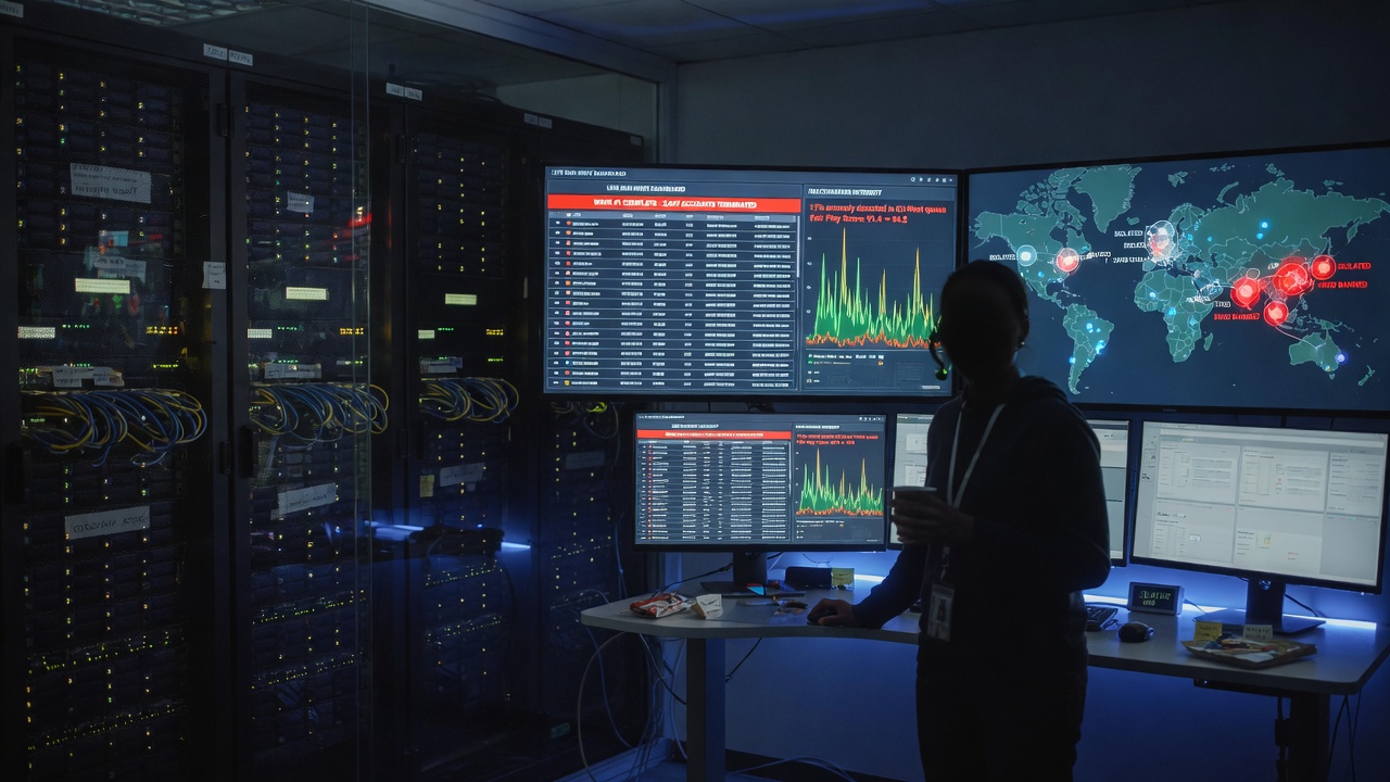 Live service anti-cheat control room with ban-wave dashboards and global multiplayer integrity map