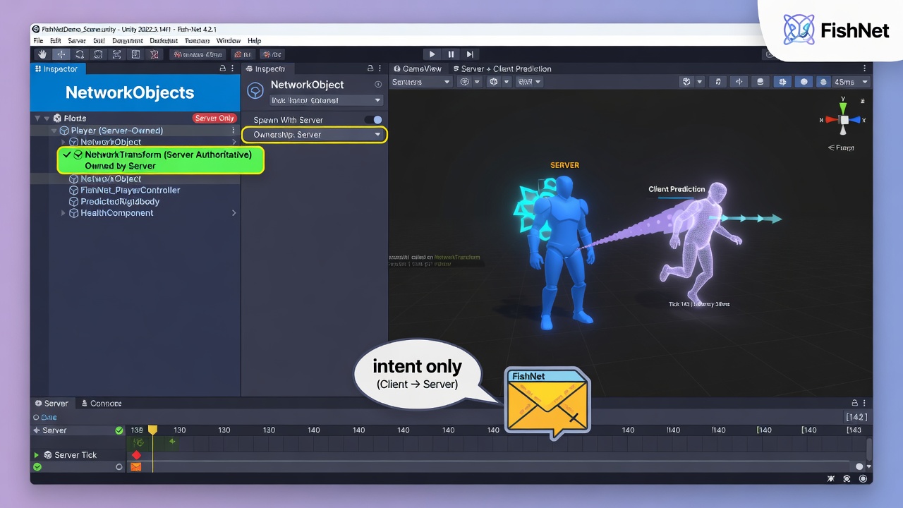 Unity Fish-Net multiplayer setup showing server-authoritative state and client prediction reconciliation for anti-cheat