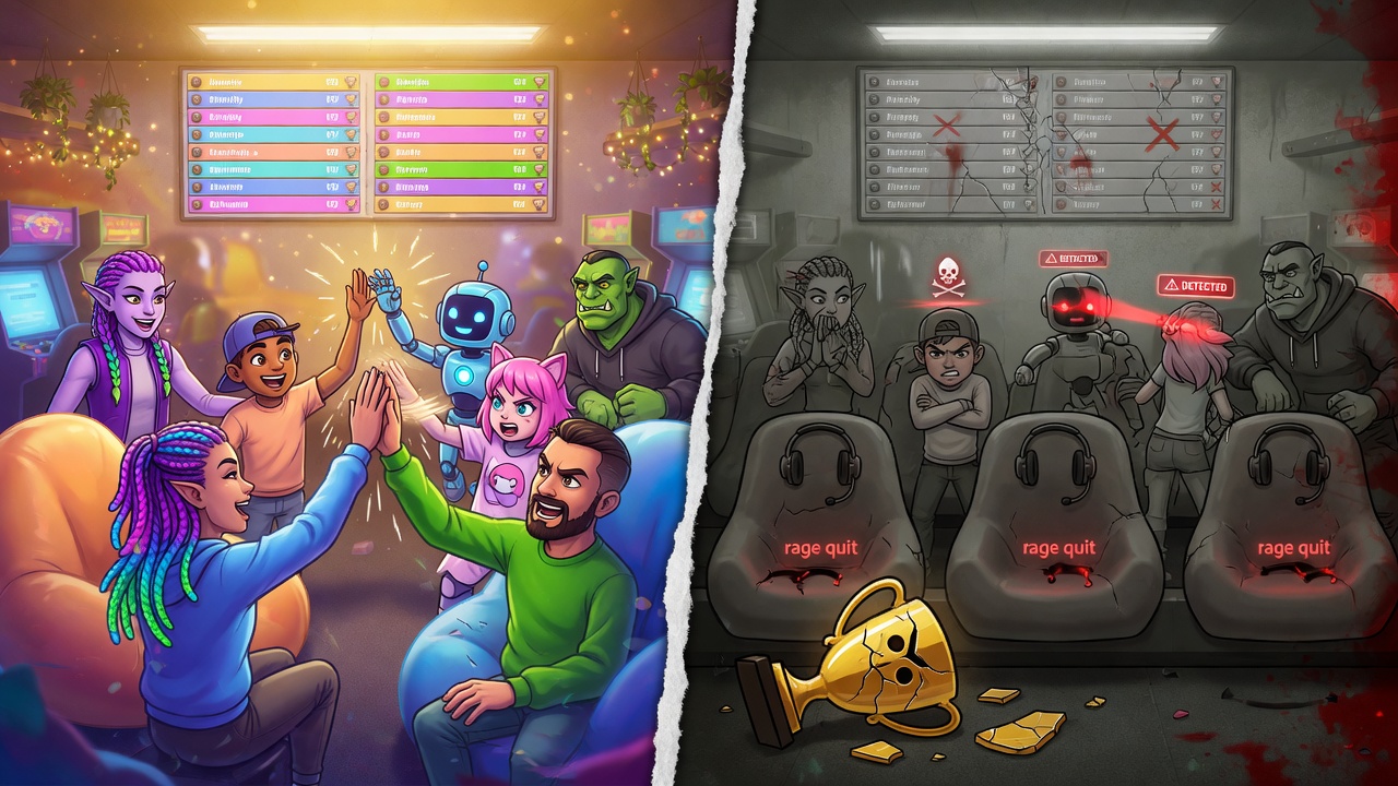 Split illustration of multiplayer gaming fun destroyed by cheaters versus fair competitive play