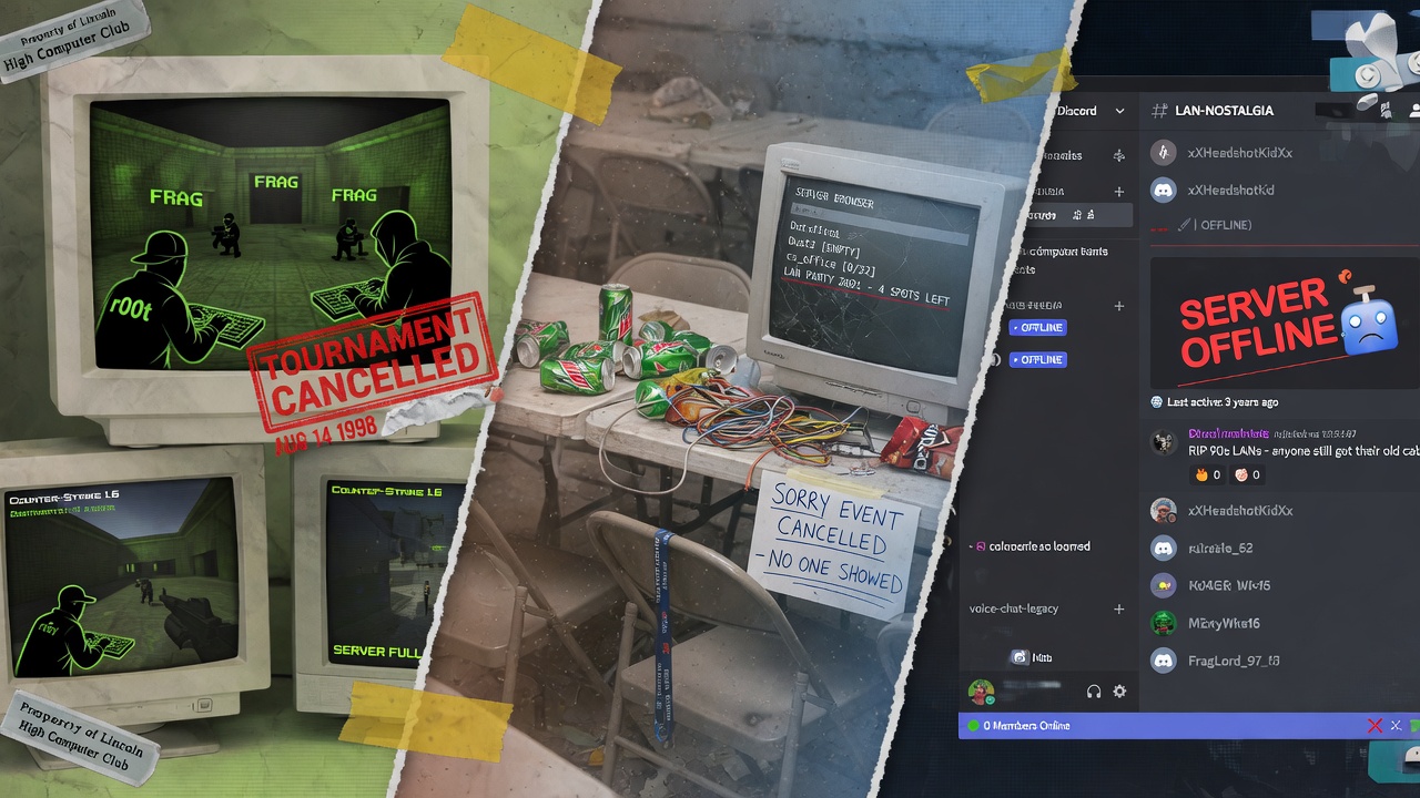 Collage of online gaming communities killed by cheaters from 90s PC multiplayer to empty modern lobbies