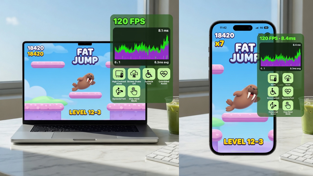 High-performance accessible fat games on laptop and mobile browsers