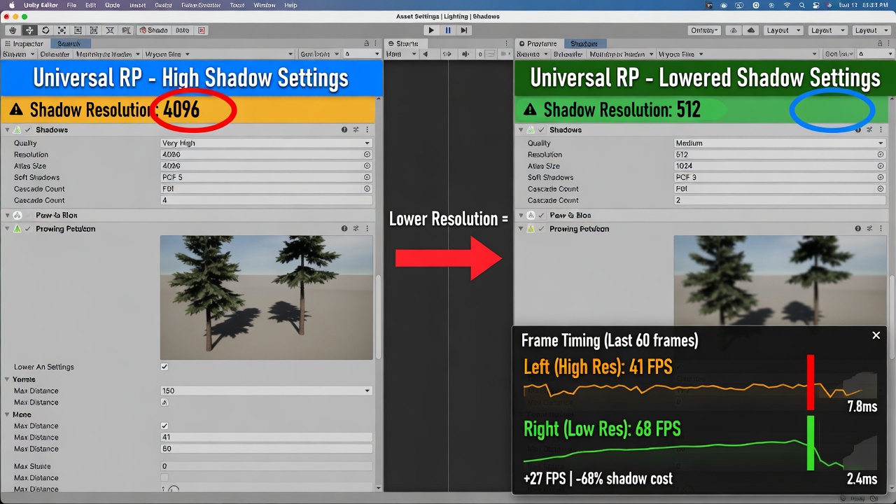 Comparison of high and low shadow resolution settings in URP Asset