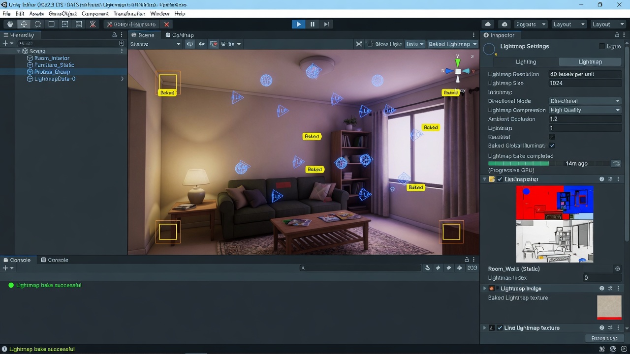 Unity editor with baked lightmaps and light probes on static scene objects