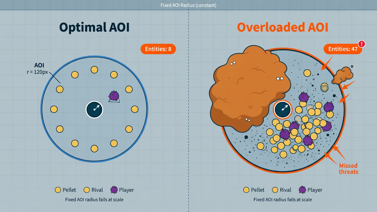 Diagram comparing static AOI circles on a small player versus a fat player in an IO browser game