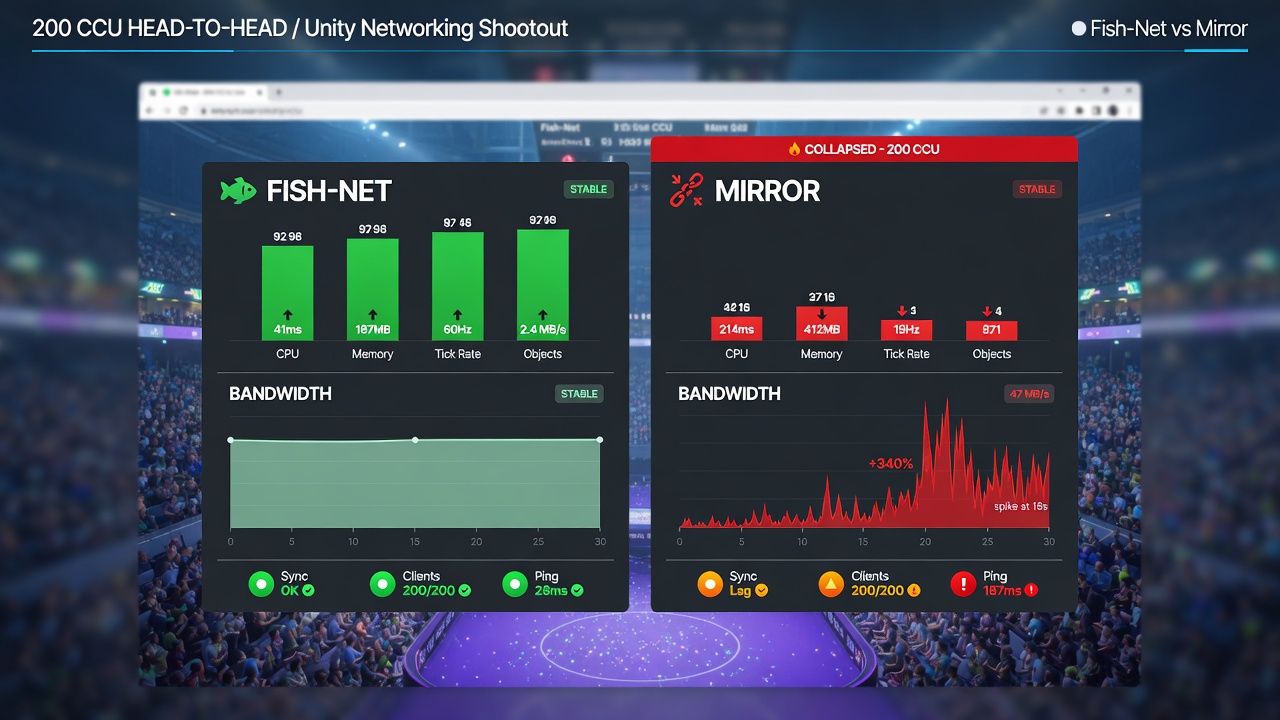 Fish-Networking vs Mirror server metrics comparison at 200 CCU for browser IO games