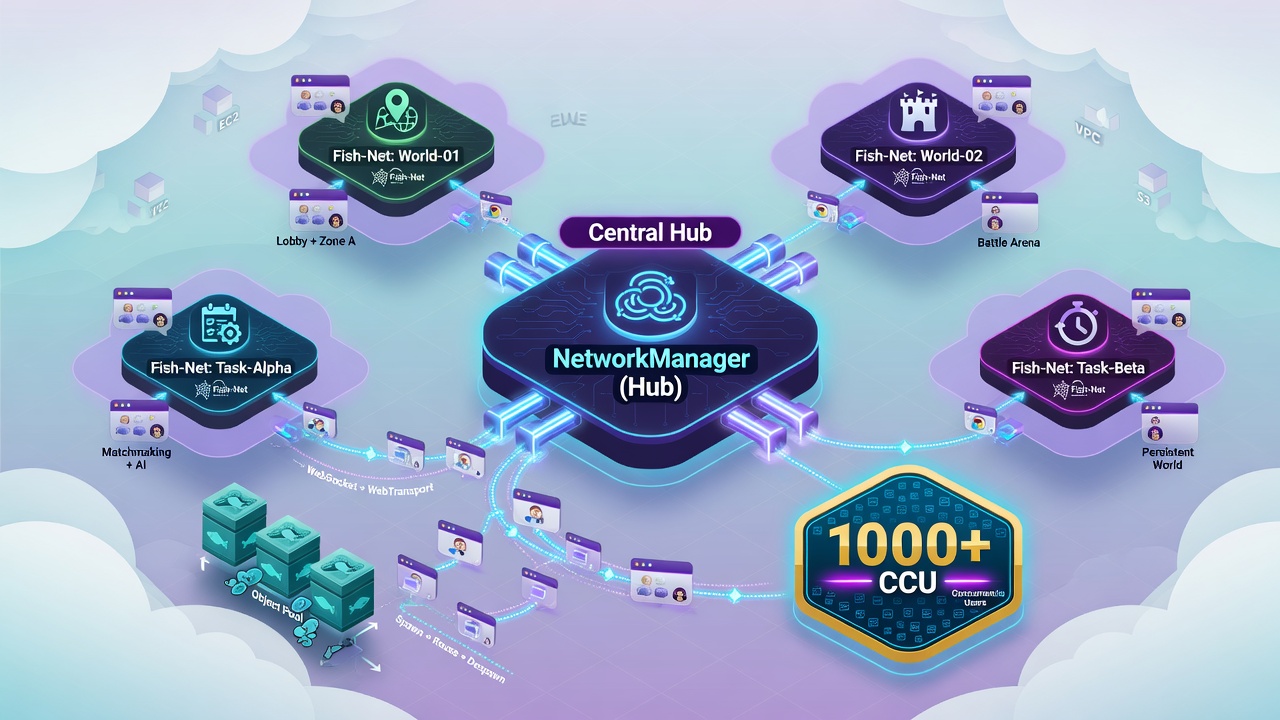 Fish-Networking multi-NetworkManager load balancing architecture for 1000+ player browser IO games