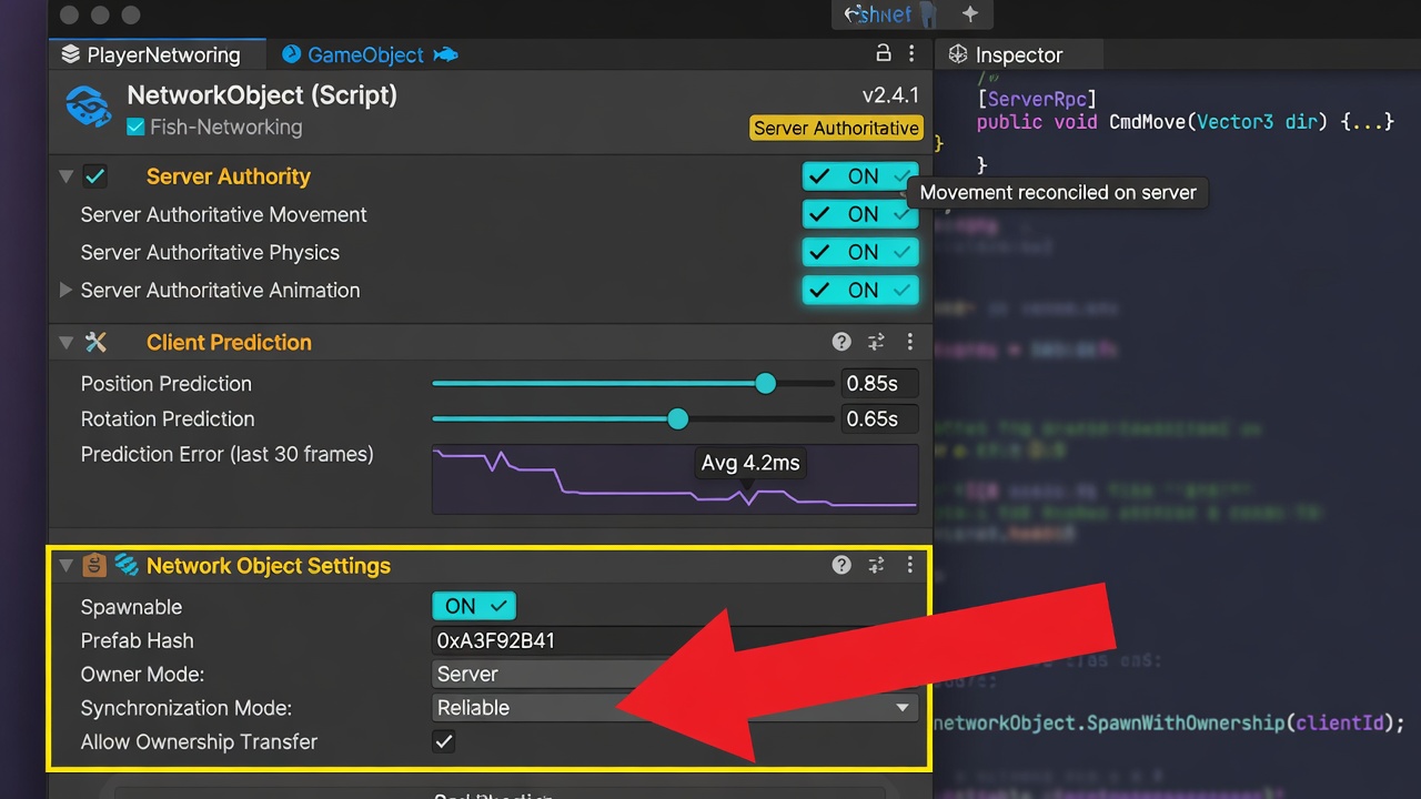 Implementing authority models with Fish-Networking Unity inspector