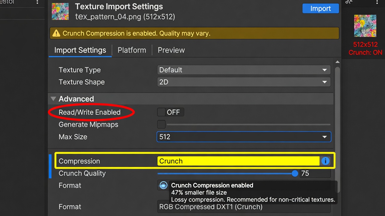 Texture import settings optimized for URP with compression and size limits