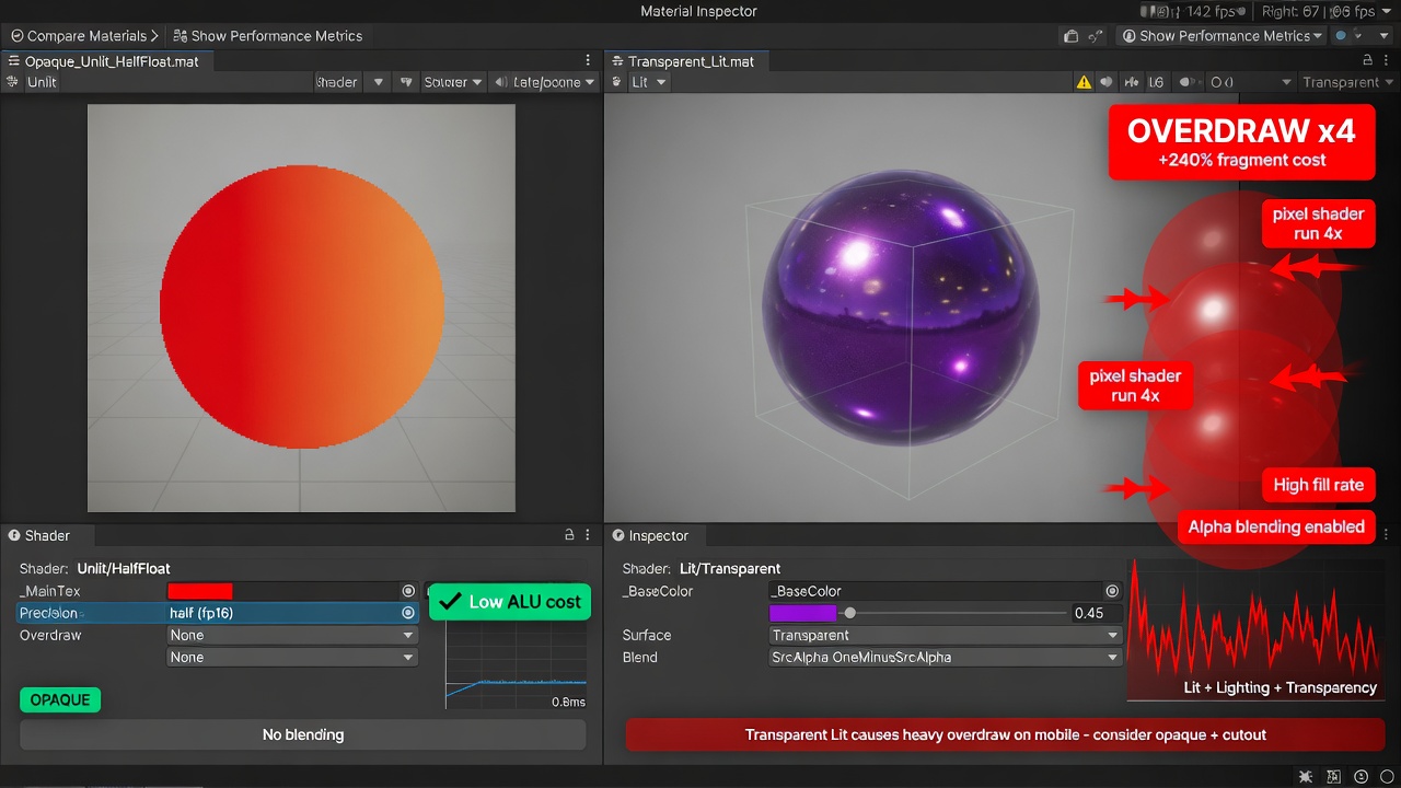 Material inspector comparing opaque Unlit vs transparent Lit shaders for overdraw