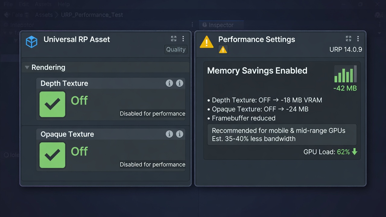 URP asset panels with Depth and Opaque Texture toggles disabled