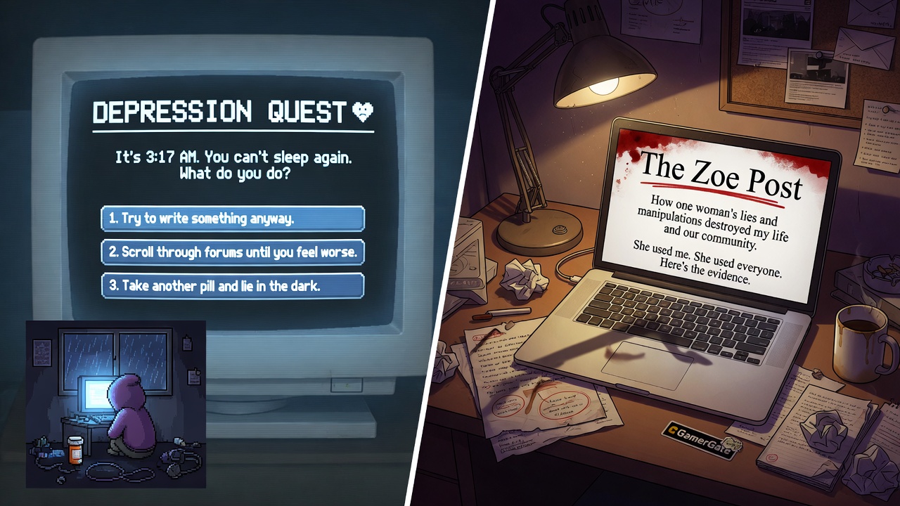 Depression Quest interface and The Zoe Post blog that sparked GamerGate controversy in 2014