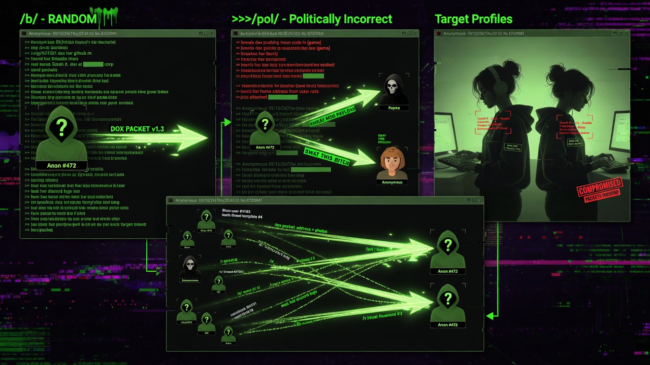 Anonymous 4chan and 8chan boards building GamerGate harassment swarm engines