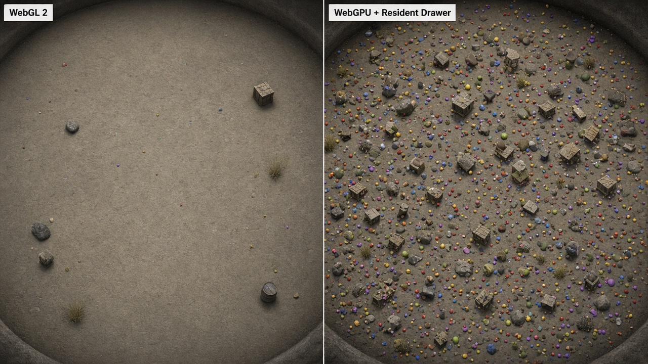 WebGL 2 sparse IO pellets versus WebGPU GPU Resident Drawer dense browser arena