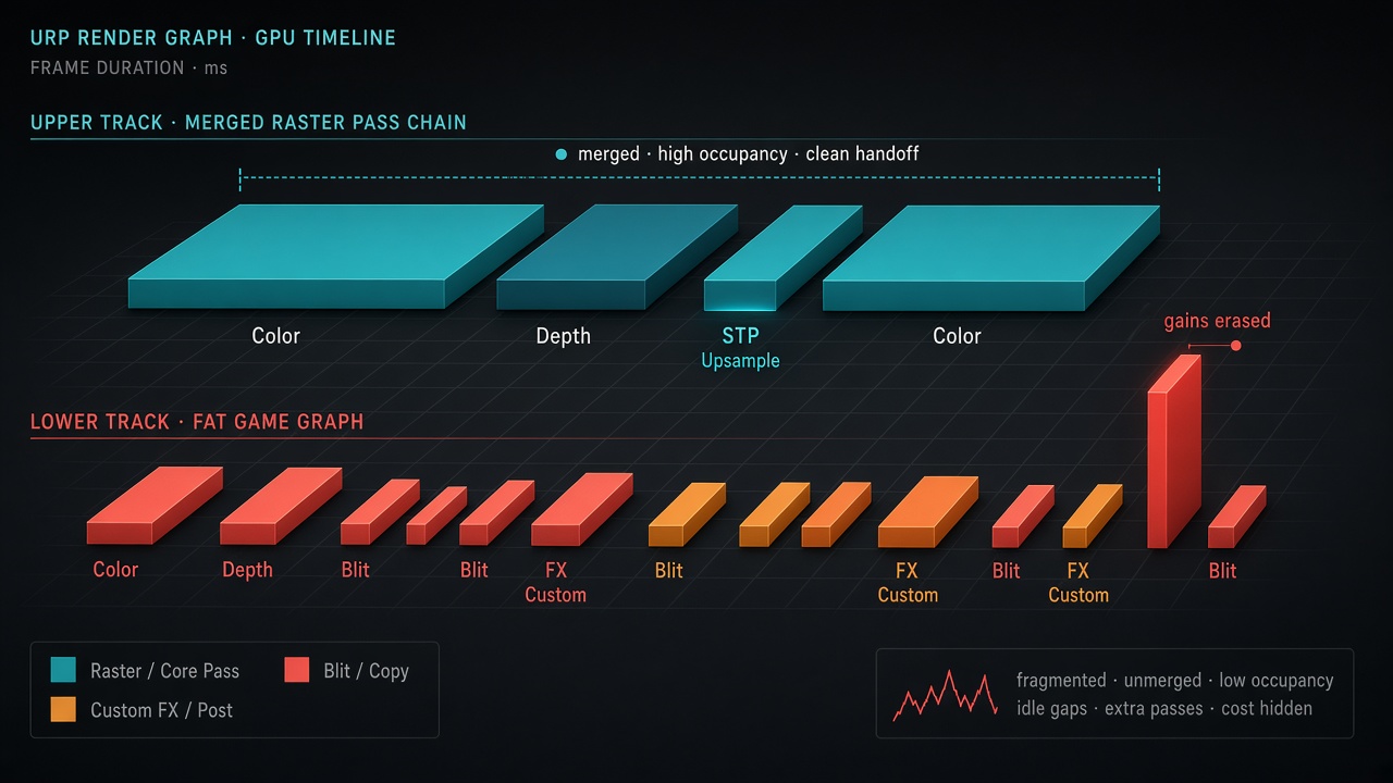 URP Render Graph timeline of merged raster passes versus unmerged STP and custom FX blits