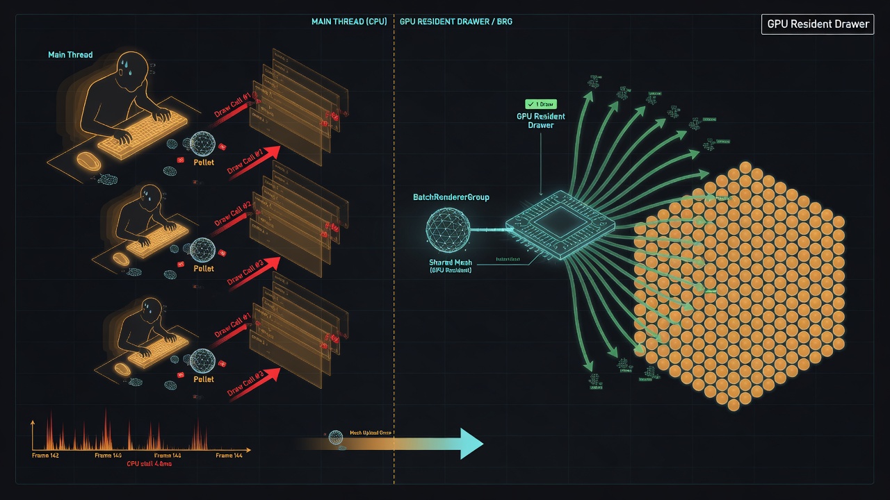 Diagram comparing CPU draw submission versus Unity 6 GPU Resident Drawer BRG instancing for multiplayer IO pellet meshes