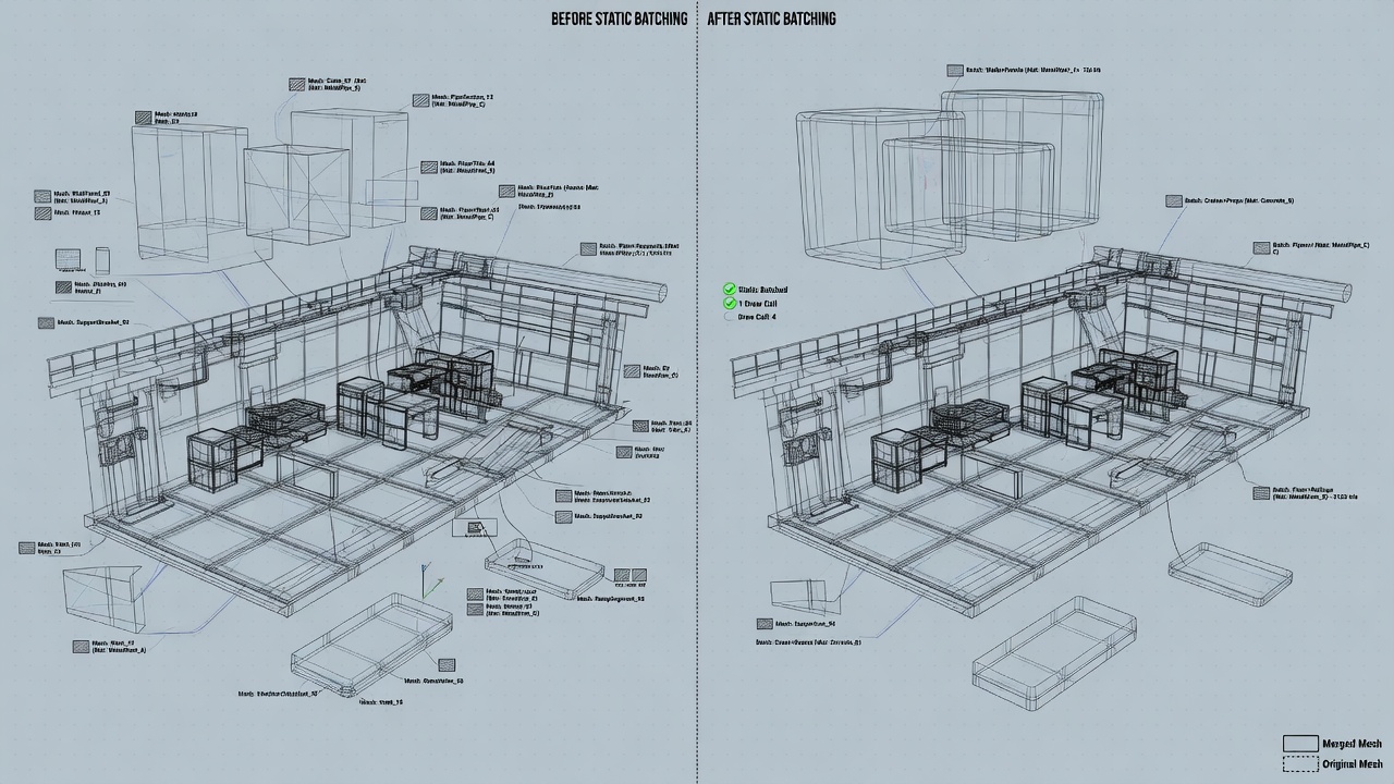Static batching Unity URP before after wireframe level optimization