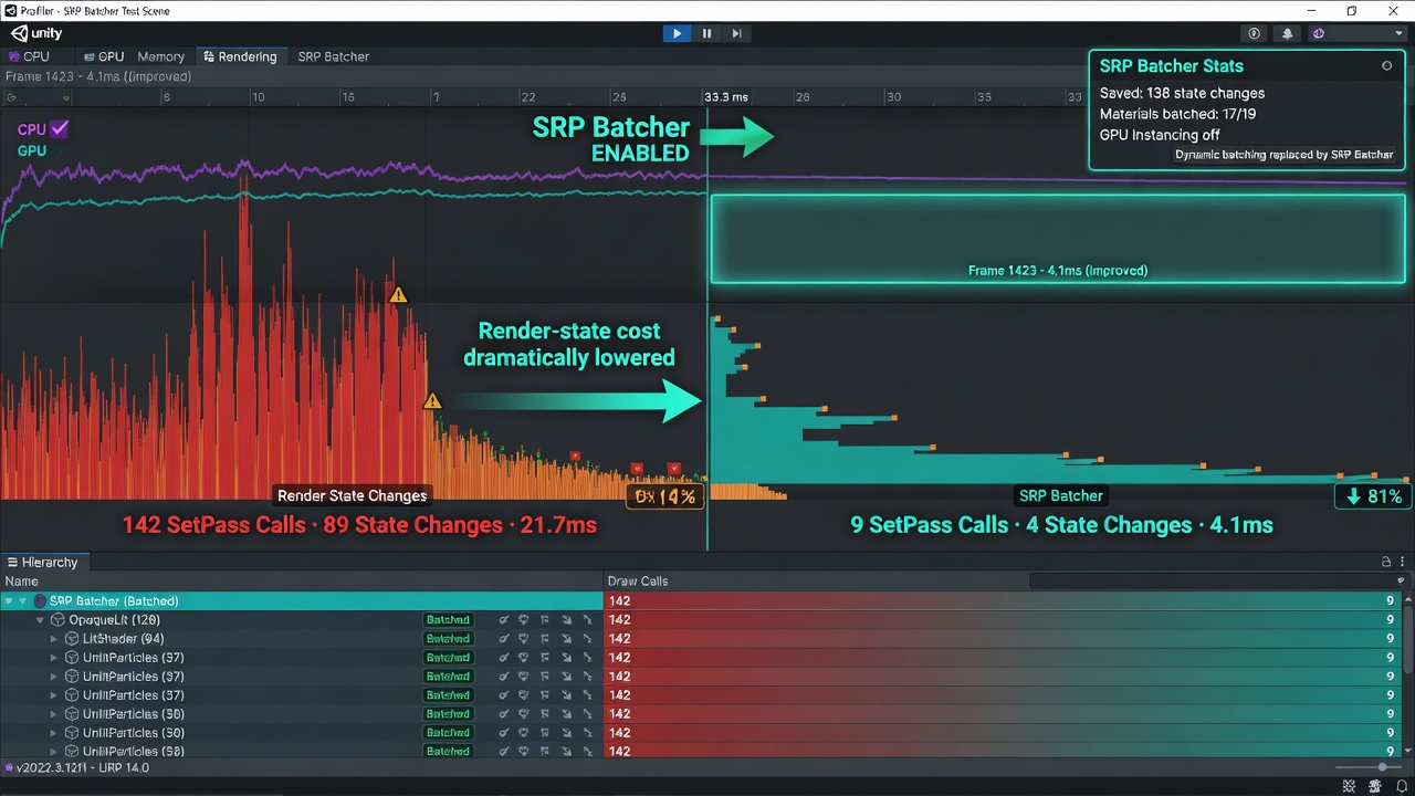 SRP Batcher Unity URP profiler screenshot showing reduced render state changes