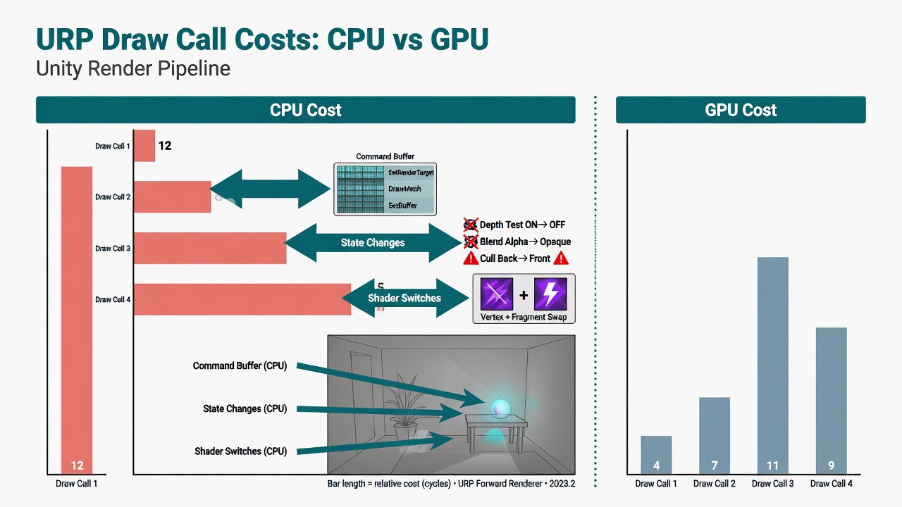 Unity URP draw call optimization priorities diagram showing CPU GPU costs