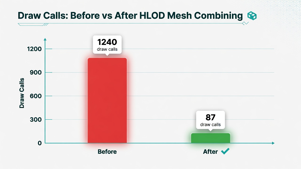 HLOD mesh combining Unity URP draw call reduction bar chart comparison