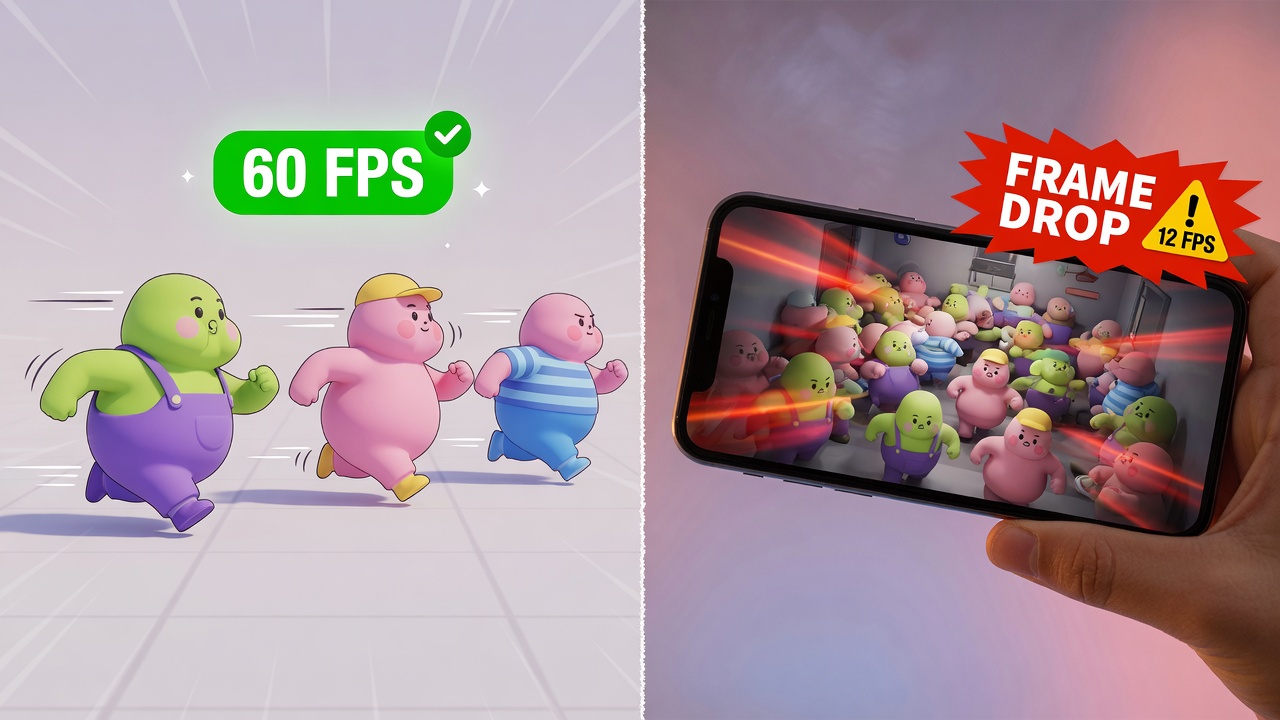 Fat game visuals straining Unity URP on mobile browser with crowded lobby frame drops versus sparse smooth scene