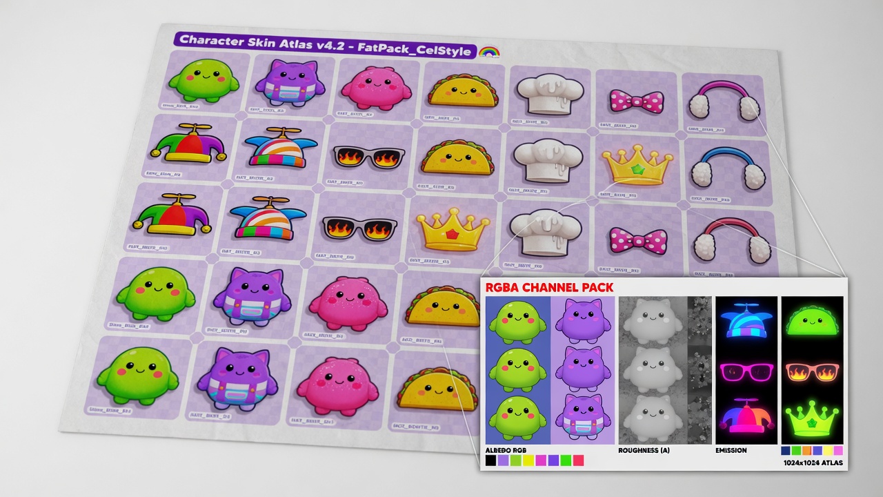 Texture atlasing and channel packing for multi-avatar fat character crowds in Unity URP multiplayer