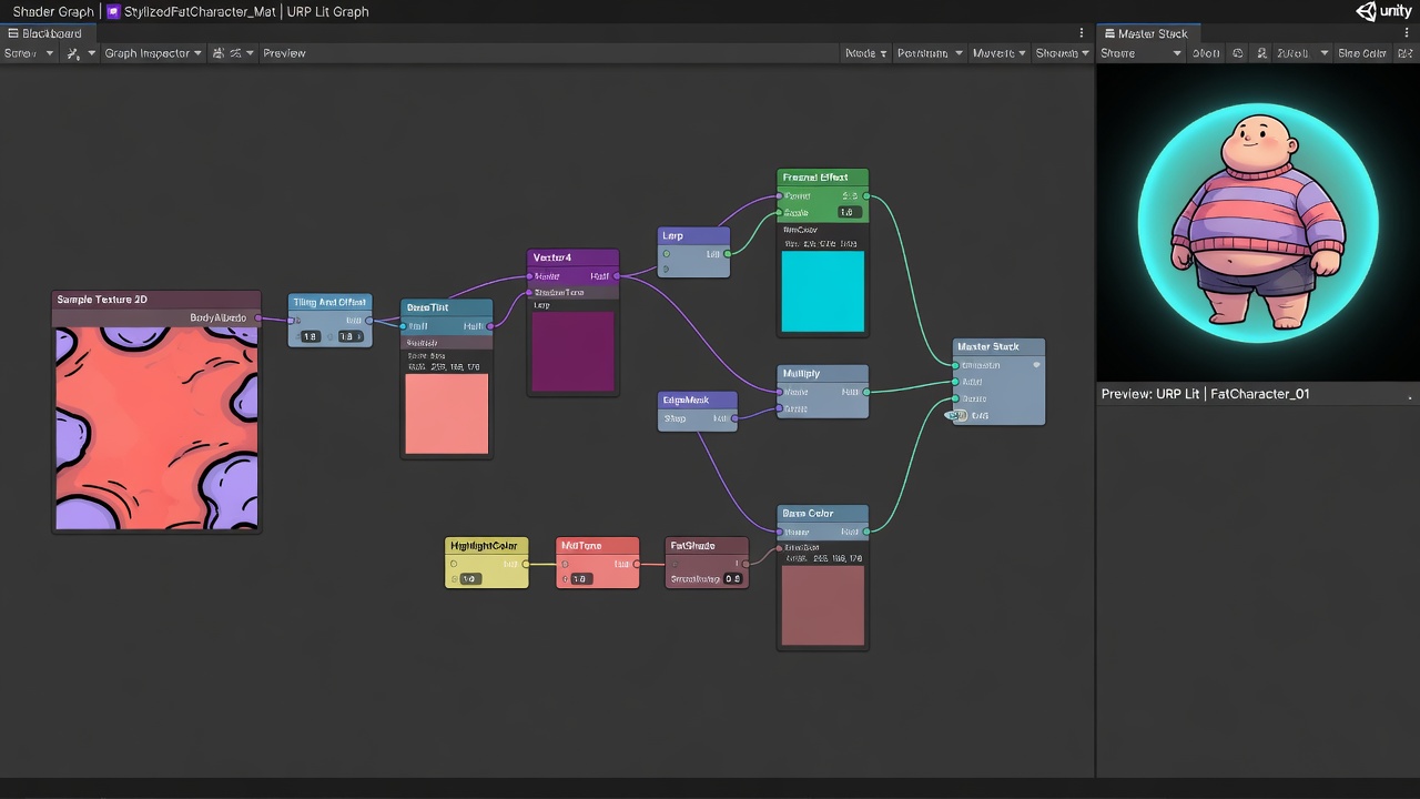 Lean Unity URP Shader Graph under 80 nodes for efficient fat character materials with rim and simple lighting