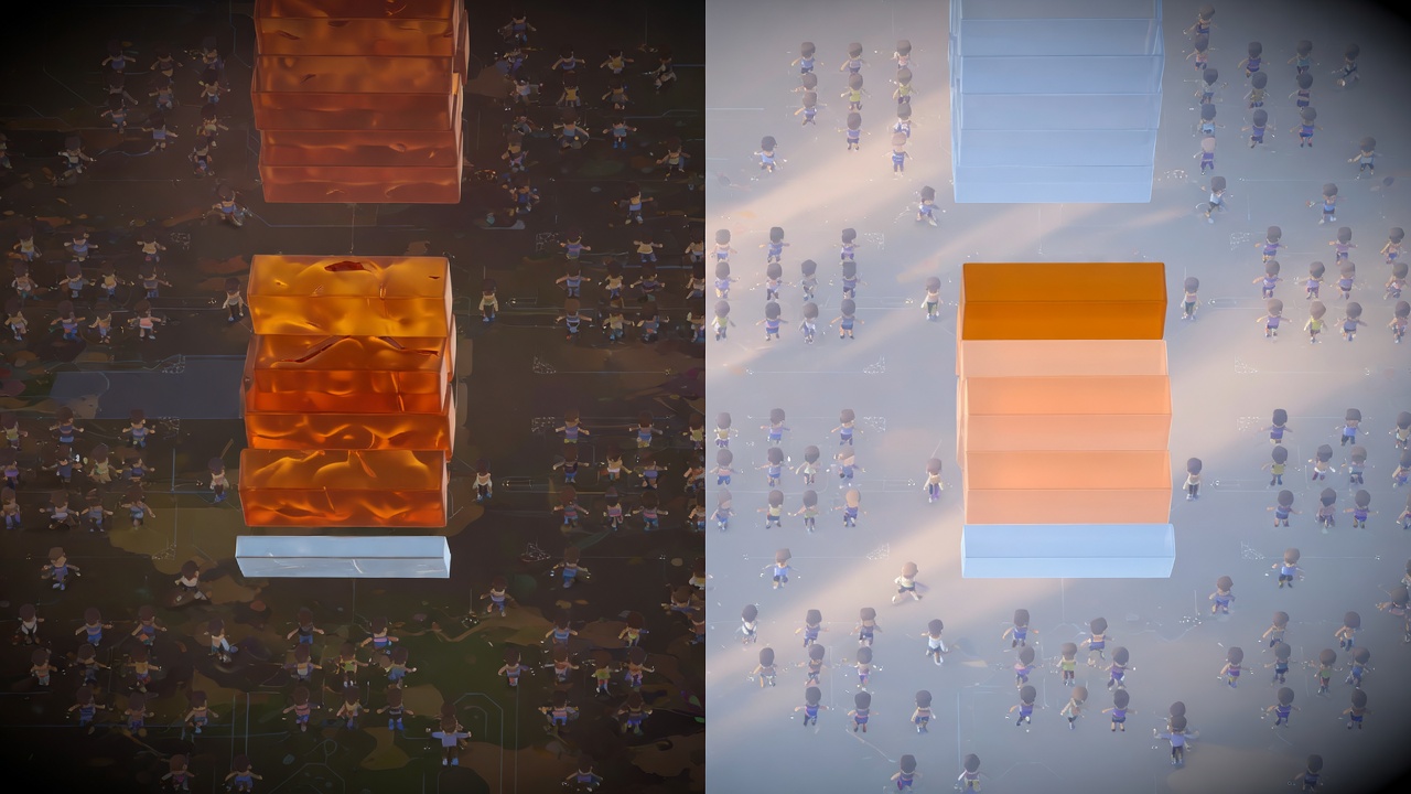 URP WebGL frame budget comparison: tick catch-up crowding render time versus stable ticks with NetworkTickSmoother headroom