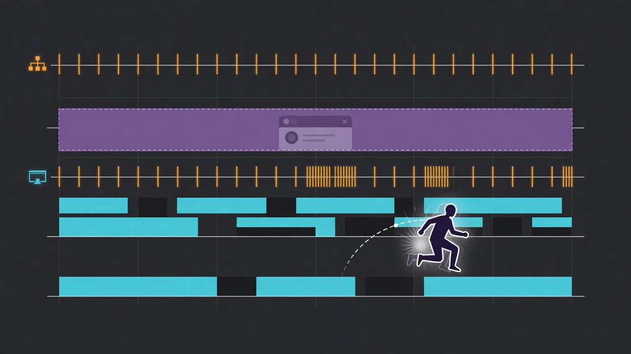 Browser IO client timeline diagram showing network ticks, uneven render frames, and tab throttle causing movement stutter