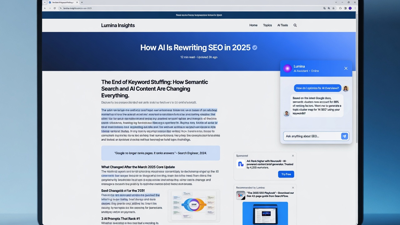 AI chat window embedded in an SEO article generating publisher revenue