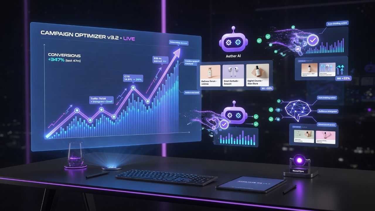 AI automating affiliate campaigns on futuristic dashboard