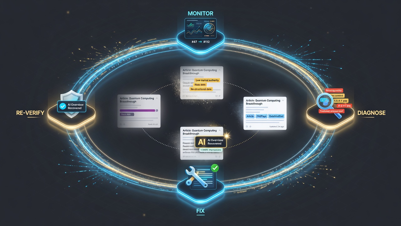 Continuous SEO agent optimization loop diagram from monitor through diagnose, fix, and re-verify
