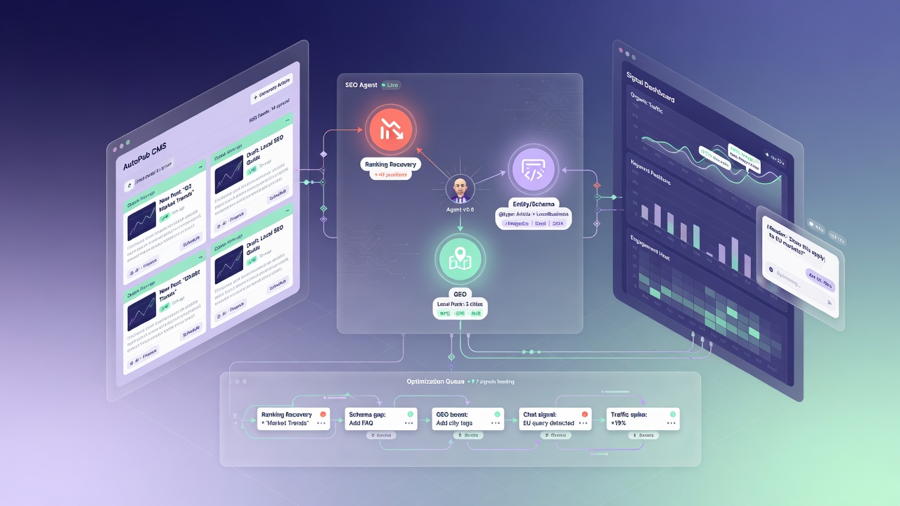 Architecture of autoblogging CMS, SEO agents, analytics, and reader chat feeding a continuous optimization queue
