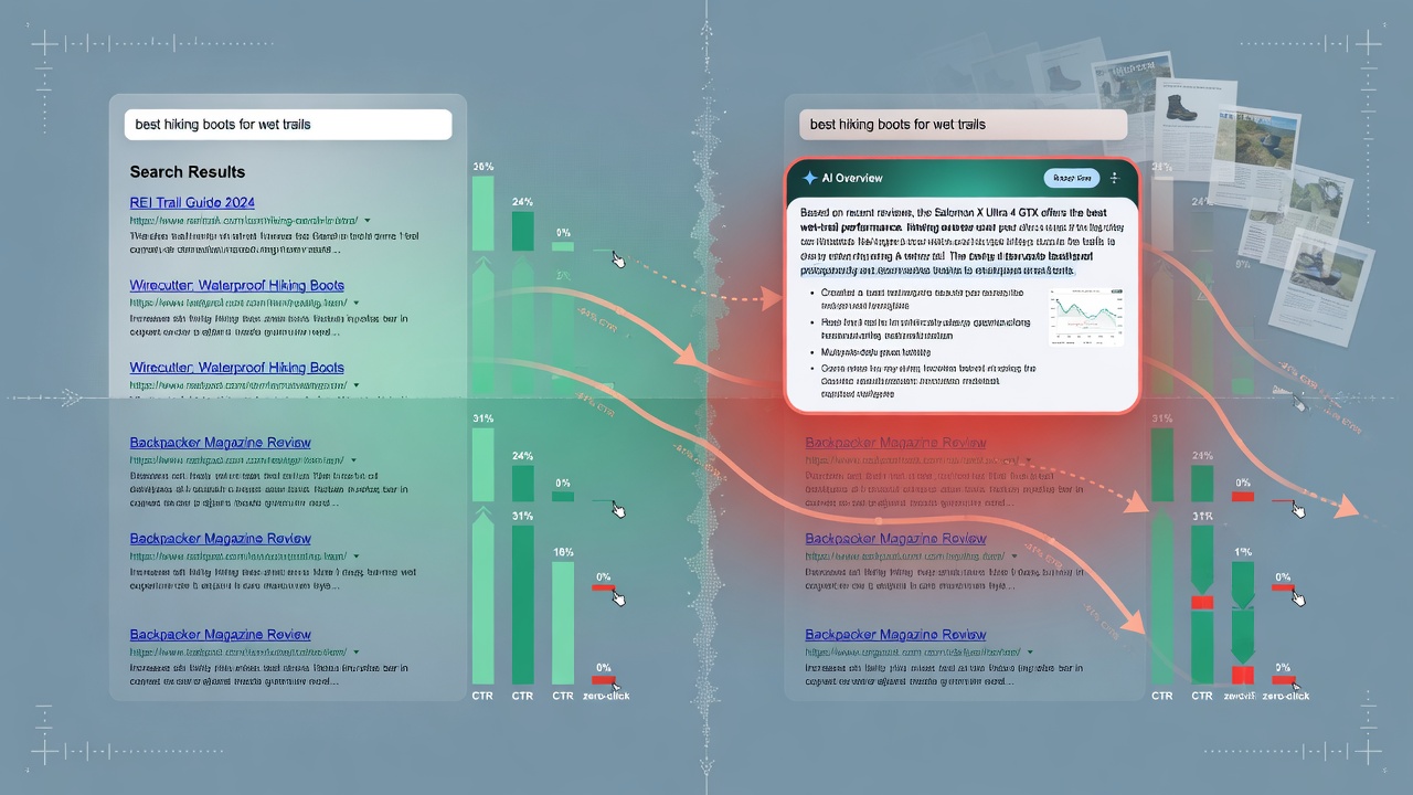 Diagram of AI Overview zero-click impact causing organic CTR decay for AI-generated SEO pages