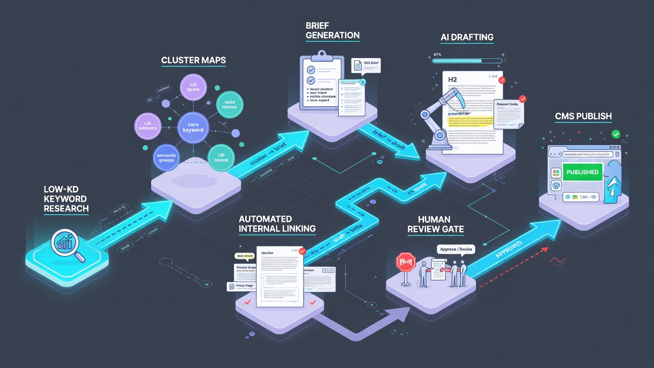 Low-KD keyword cluster blueprint flowchart showing SEO agent pipeline from research to programmatic CMS publish