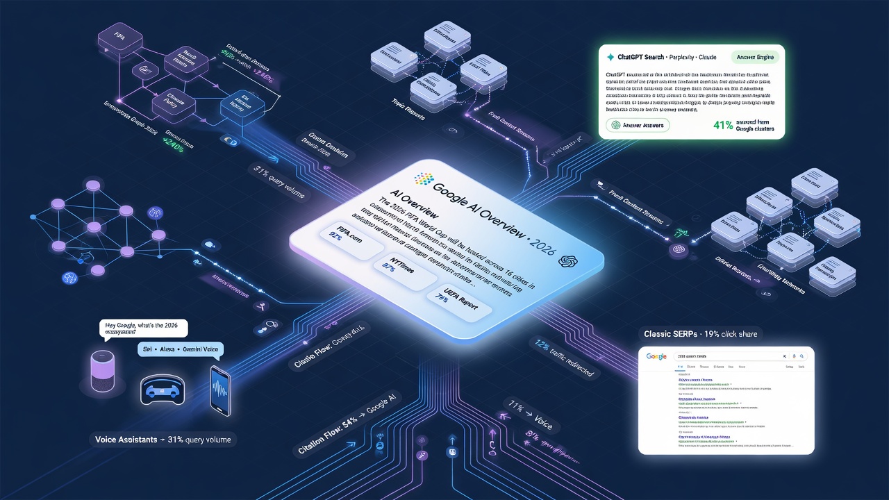 2026 search shift infographic of AI Overviews, answer engines, and citation flows that SEO agents must target