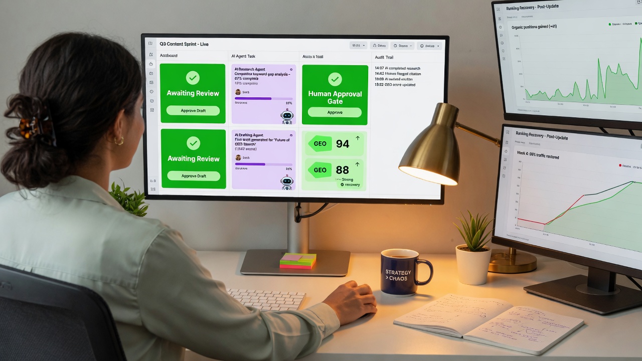 Hybrid SEO agent workflow dashboard with human strategy gates preventing pure automation failures on AI publishing platforms