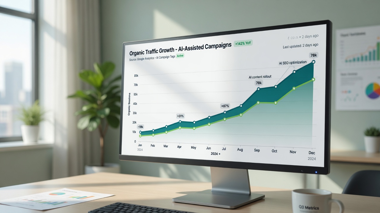 Line graph showing organic traffic growth from AI content campaigns