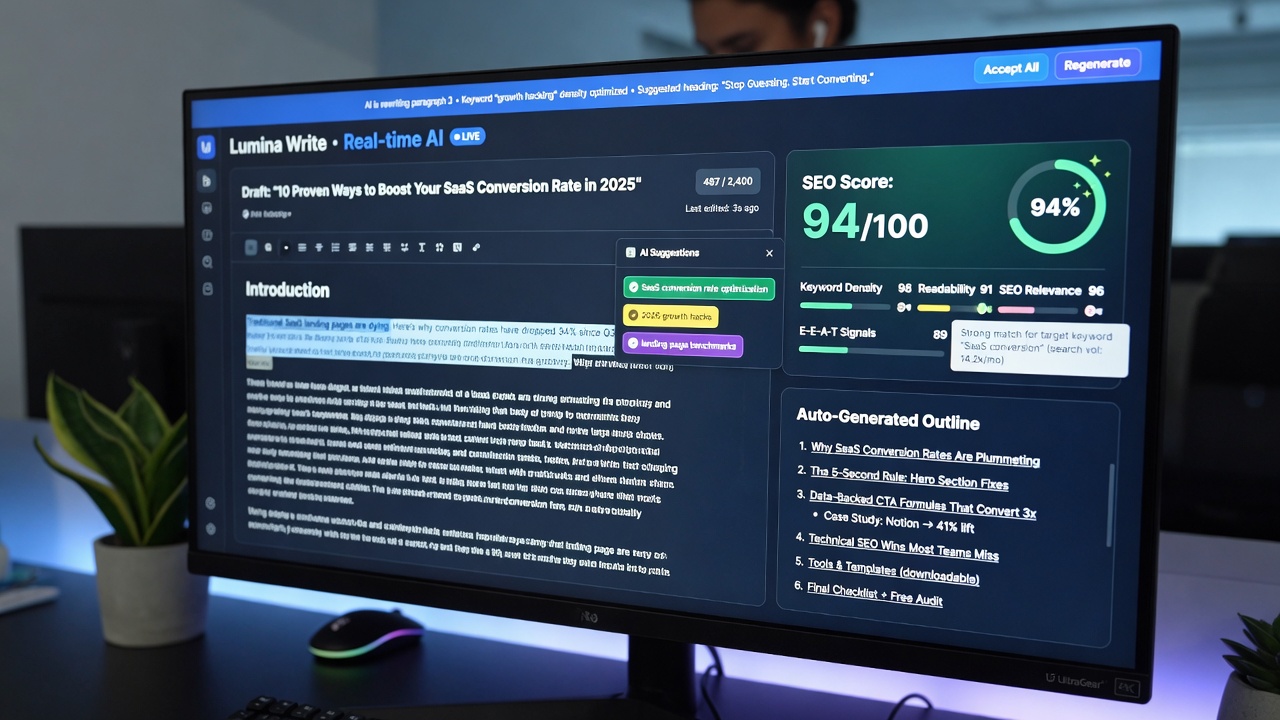AI content generator dashboard displaying real-time SEO scoring and outlines