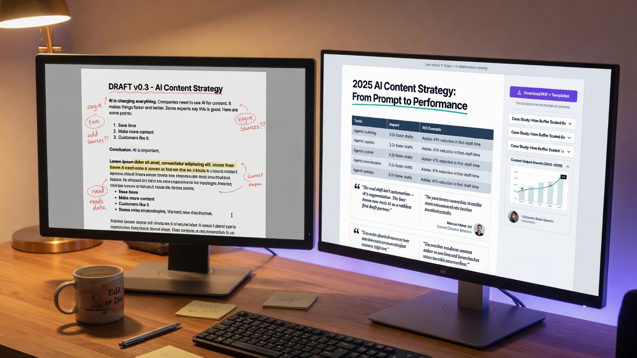 Before-and-after comparison of AI draft versus human-edited SEO article
