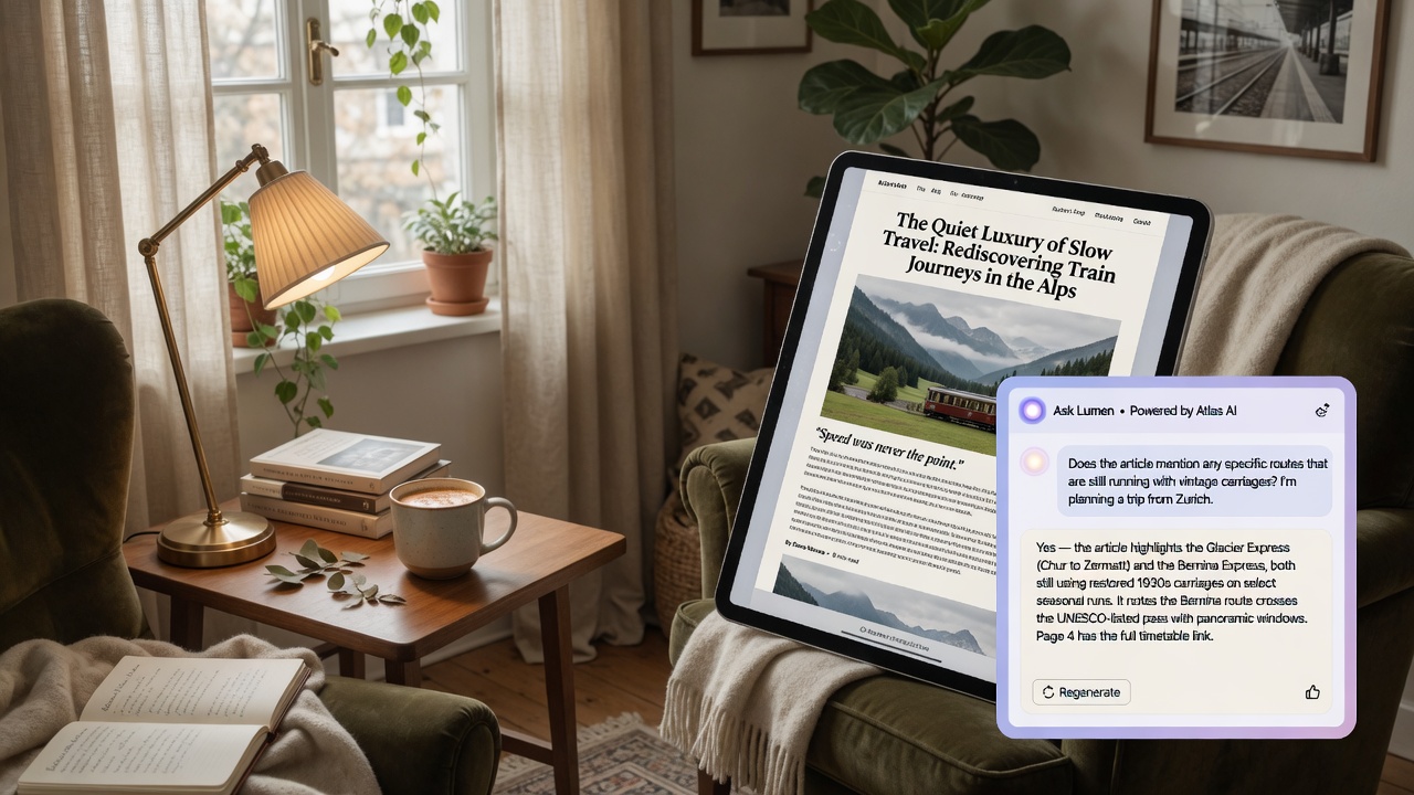 Article page with embedded AI chat widget engaging readers