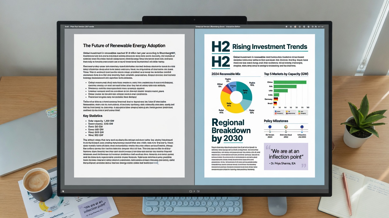 Split view of AI article with charts, infographics and structured headings