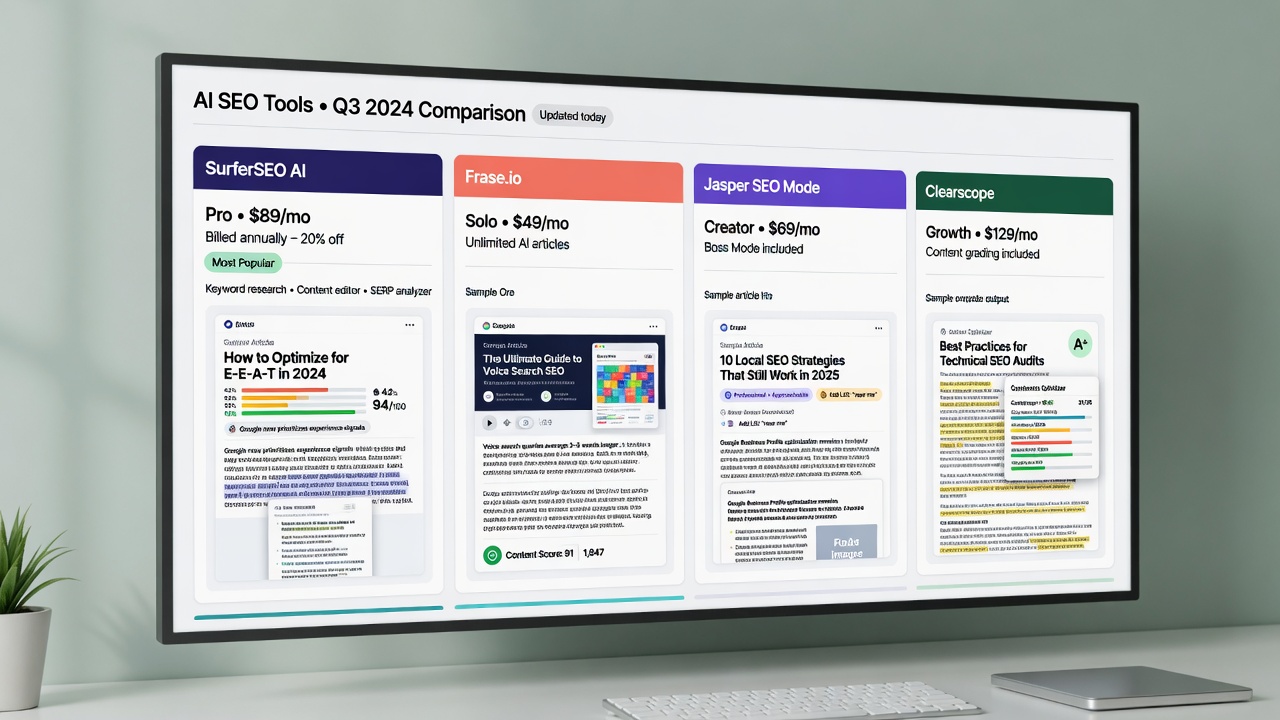 Comparison grid of top AI SEO optimization tools and pricing tiers