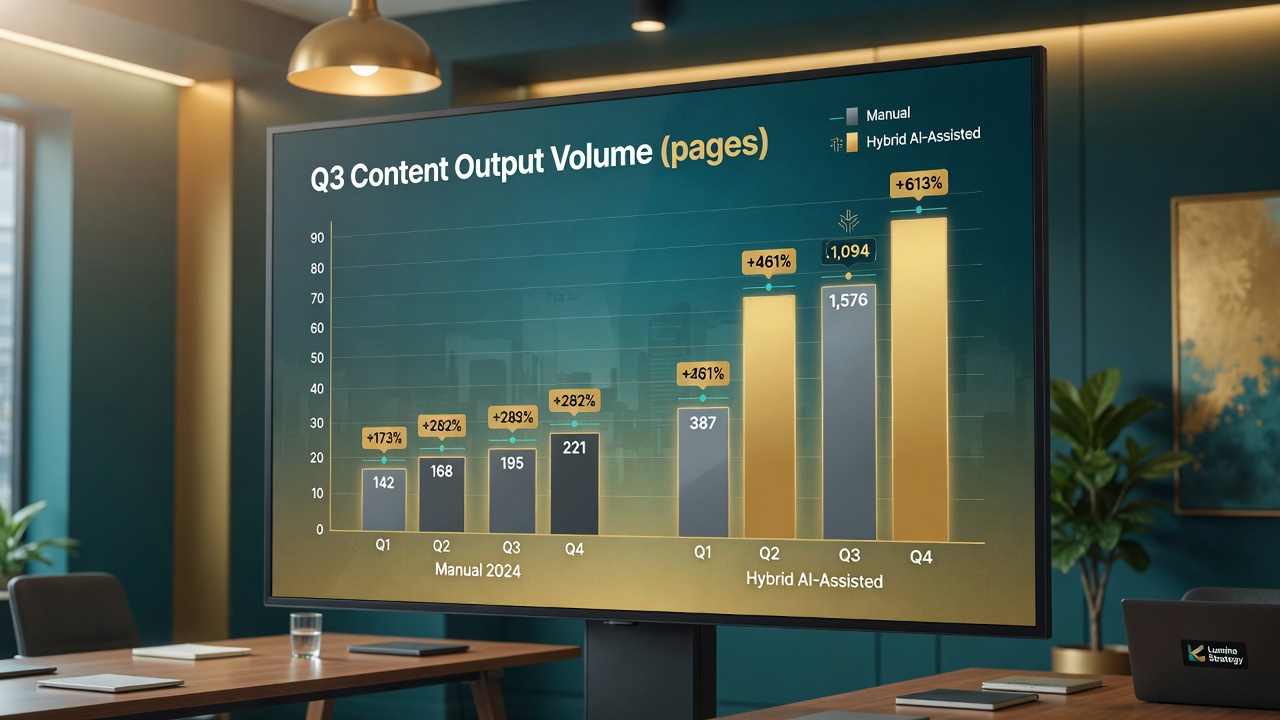 ROI and output gains chart comparing manual vs AI publishing