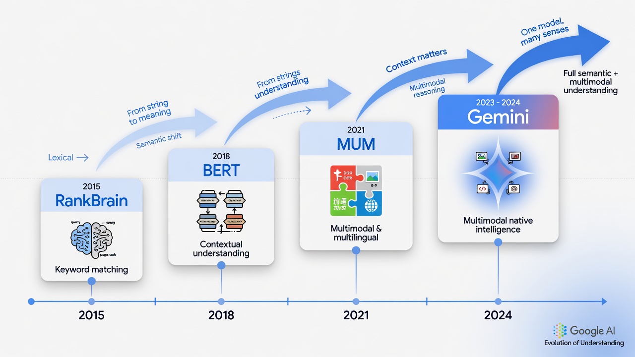 Timeline of Google AI SEO algorithm evolution from RankBrain to Gemini